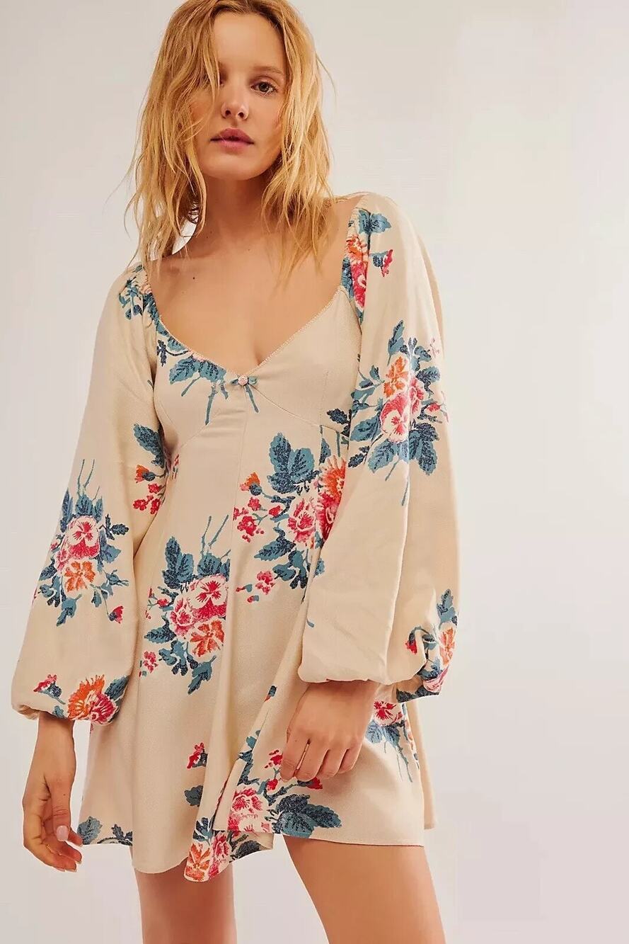 Free People Francesca Mini Dress Size S Warm Ivory Floral Coquette Renaissance